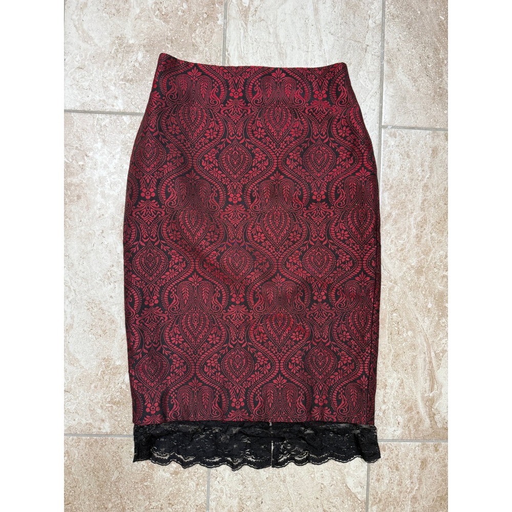 Worthington Red Black Damask Paisley Lace Trim Pencil Skirt Size 6